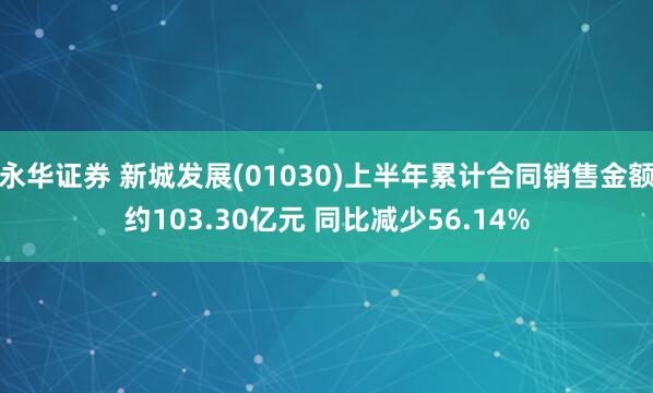 永华证券 新城发展(01030)上半年累计合同销售金额约103.30亿元 同比减少56.14%
